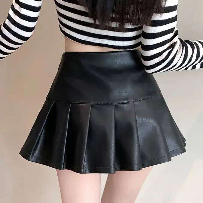 Women's PU Leather Zipper Pleated 2025 Autumn New High Waist Anti-light Midi Skirt XJ260309