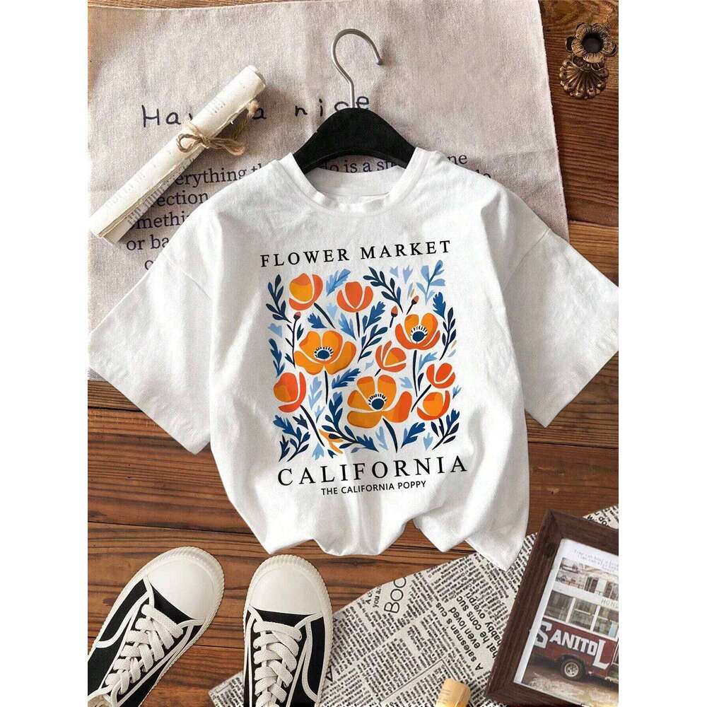 Women Cotton Graphic Tee Yellow Flowers Market California Print T-Shirt O-Neck Casual T Shirt Crewneck Sports Short Sleeve Top XJ260306
