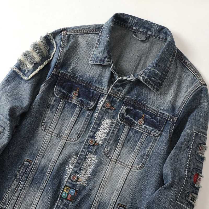 American Retro Denim Jacket with Mens Ripped Hole Splicing Trendy Jacket Loose Long Sleeved Denim Jacket Korean Fashion s63 M260309