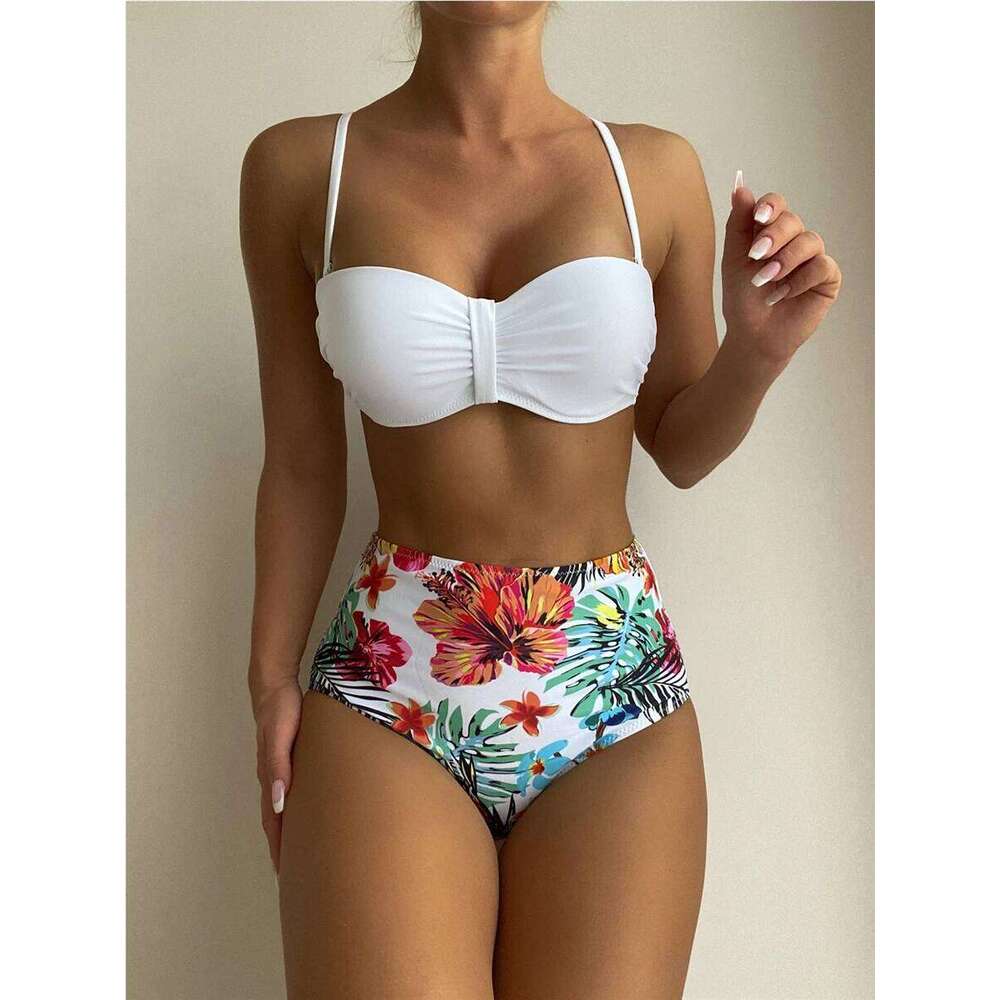Sexy Solid Bandeau Bikini Set Women Tropical Printed Swimwear Female Push Up Swimsuit High Waist Bathing Suit Tie Back Beachwear XJ260206