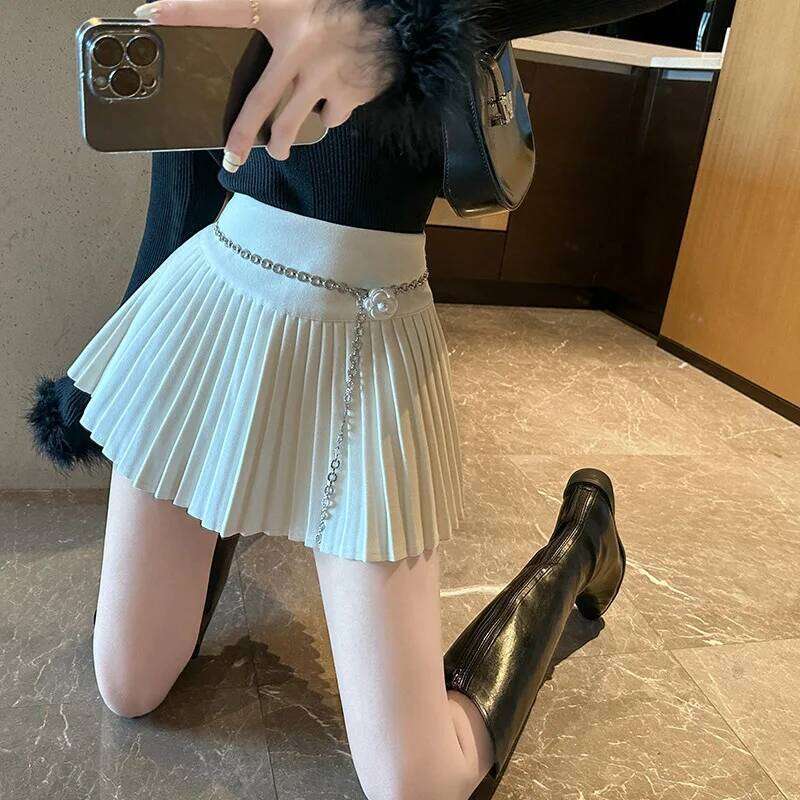 Korean Fashion Preppy Style Mini Women A-line High Waist Female Pleated Skirt Chain Lace-up Elegant Skirts XJ260309