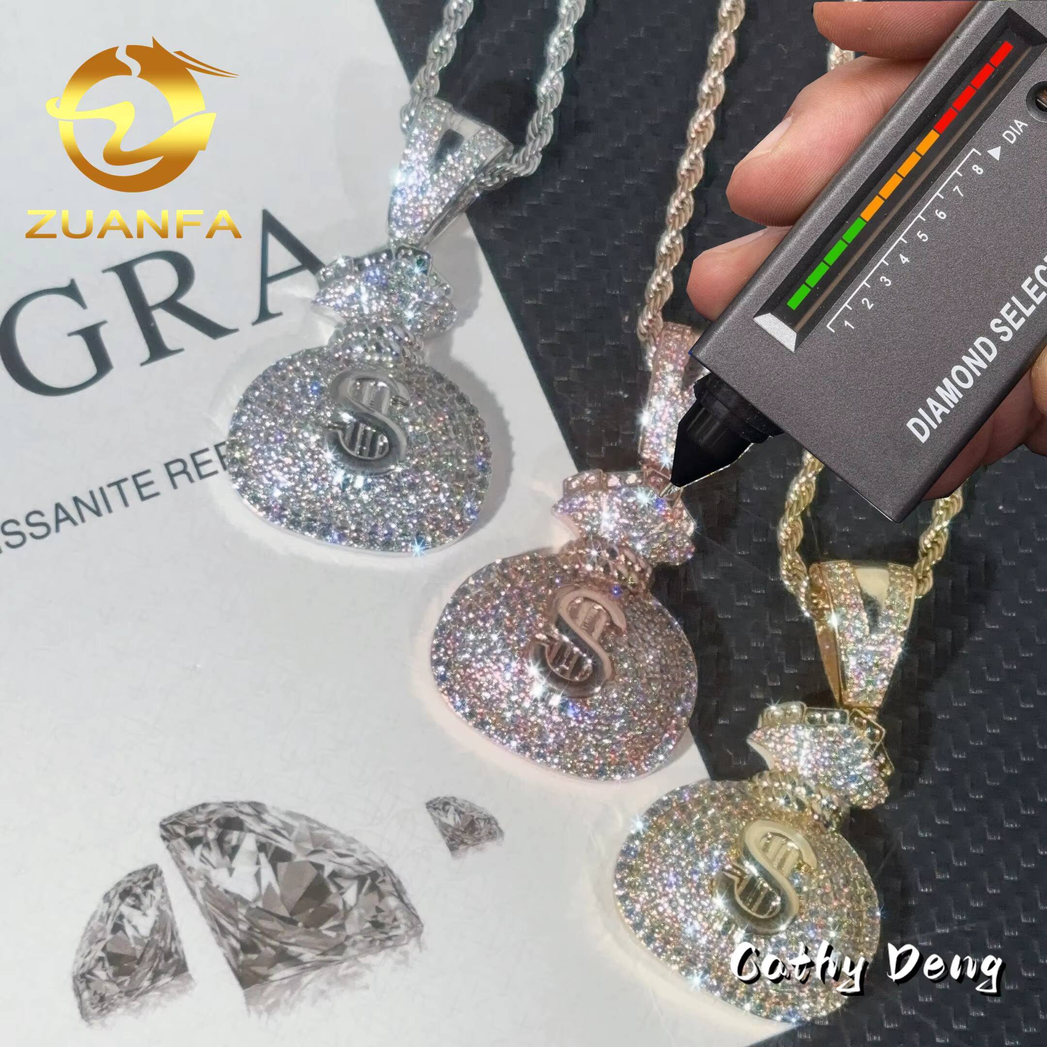 48h Shipping 925 Solid Silver Lucky Money Bag Moisssanite Pendant Hip Hop Jewelry Iced Out Pendant Free Rope Chain