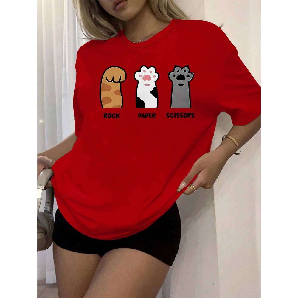 Women's Casual Short-sleeved Top Printed with Rock-paper-scissors and Cat Paw Patterns.women Clothing Fashion Summer Streetwear XJ260306