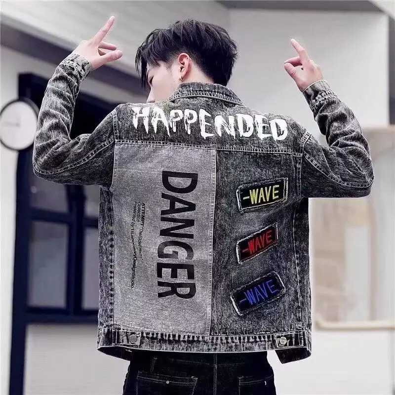 Men Vintage Denim Jacket Handsome Embroidery Jean Patchwork Long Sleeve Classic Outerwear Windbreaker Spring Autumn Coat M260309