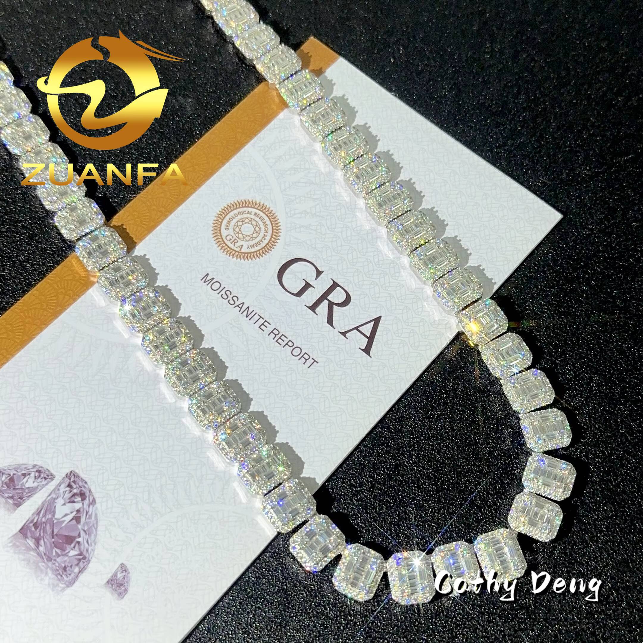 Hot Selling 13mm Baguette Diamond Moissanite Tennis Chain Silver 925 Iced Out Hip Hop Necklace Lab Grown Tennis Chain