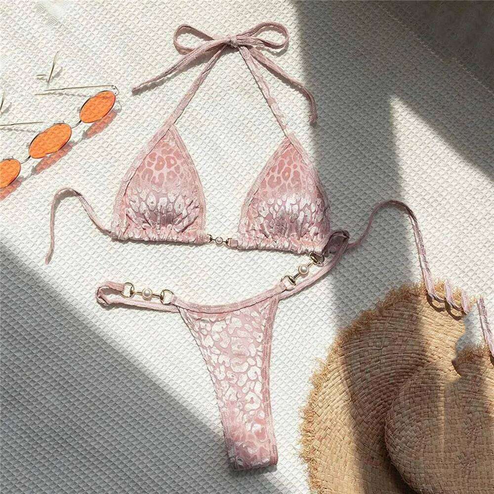 Purple Velvet Leopard Swimsuit Sexy String Halter Triangle Sets De Mujer Micro Thong Swimwear Women Bikinis Bathing Suit XJ260206
