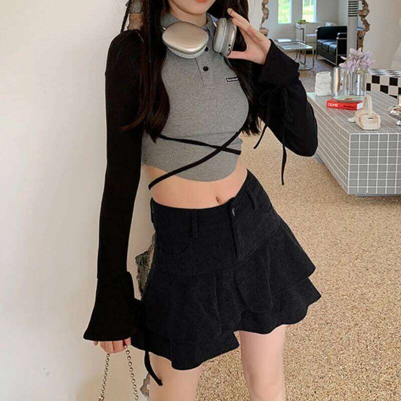 Corduroy Mini Skirts Women Ruffles Solid High Waist Cute Sexy Preppy Retro Style Y2k Clothes Harajuku Korean Fashion Chic XJ260309