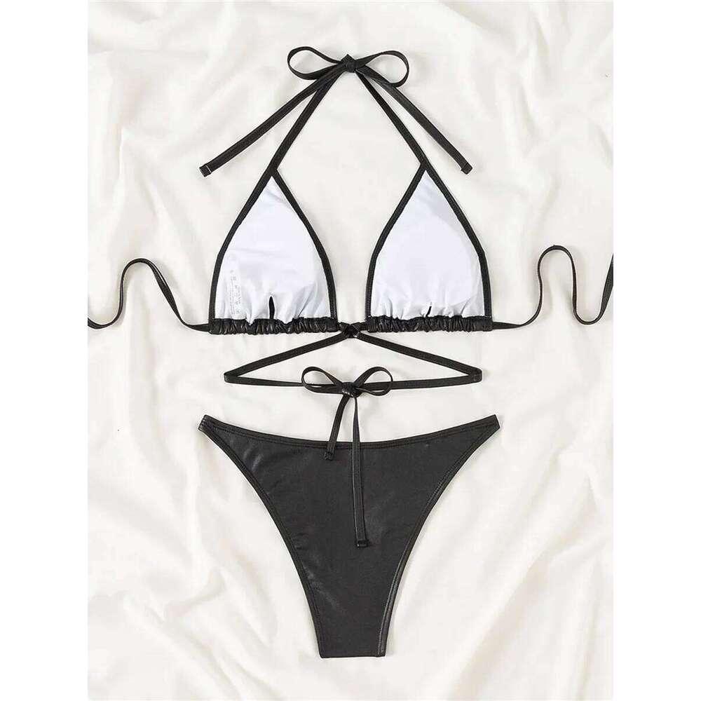 XS - L PU Faux Leather High Cut Female Swimsuit Women Swimwear Two-pieces Bikini Set Halter Bather Bathing Suit Swim Lady XJ260206