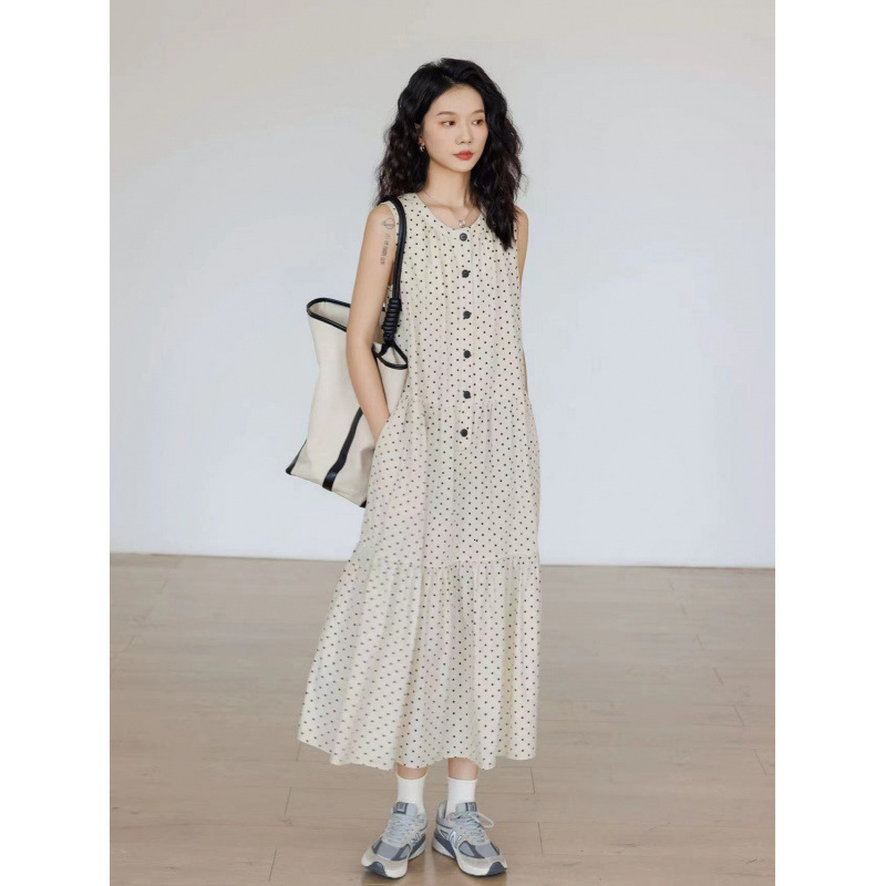 2025 Spring Summer New Polka Dot Round Neck Sleeveless Loose Lazy Style A-line Dress Vacation Dress 250310