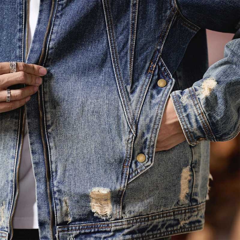 2025 American Style Retro Color Motorcycle Denim Jacket Mens Spring and Autumn Personalized Splicing Stand Up Collar Denim Jack M260309