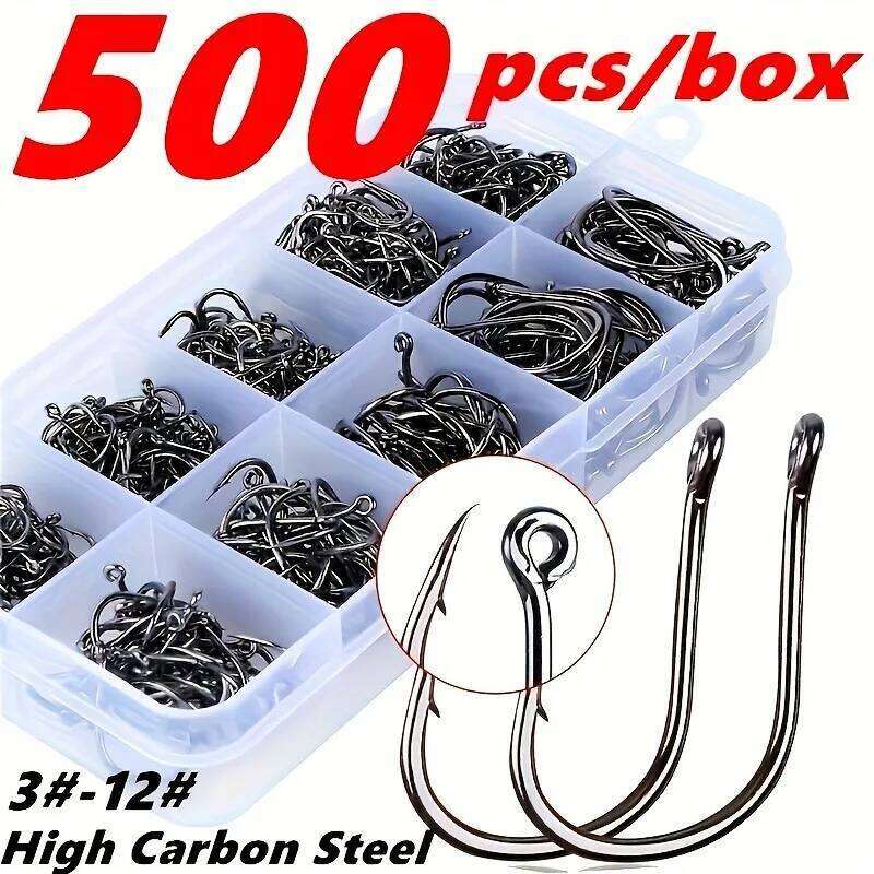 500pcs Fishhooks Strong Sharp Silver Circle Fishhook 3#-12# Jig Barbed Pesca Portable Tackle Accessories Sea Fishing Set S260305