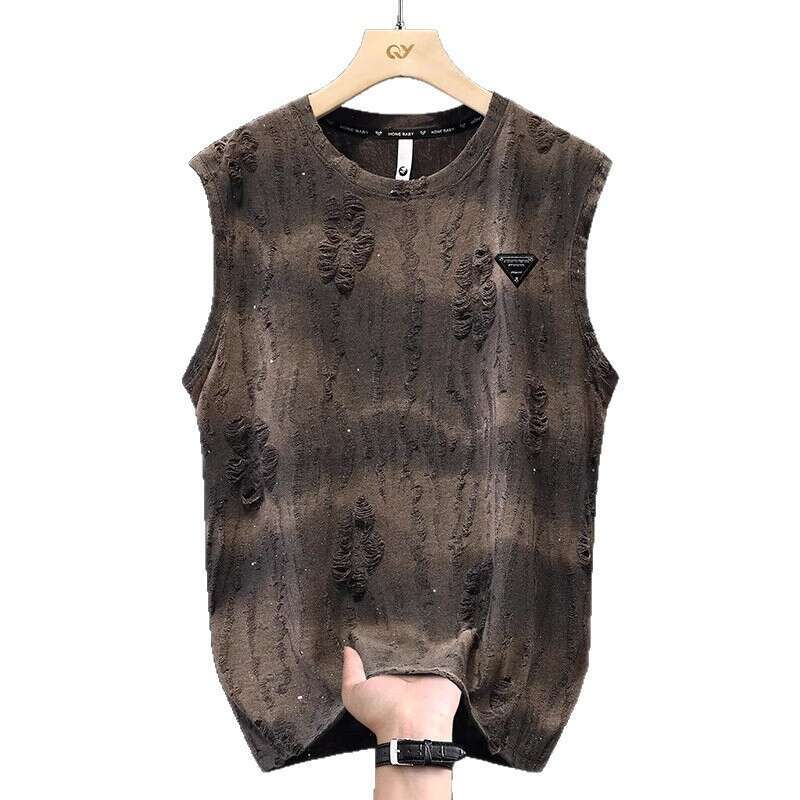 New Summer T-Shirt For Men Trendy Versatile Loose Sleeveless Tee Round Neck Casual Distressed Tank Top