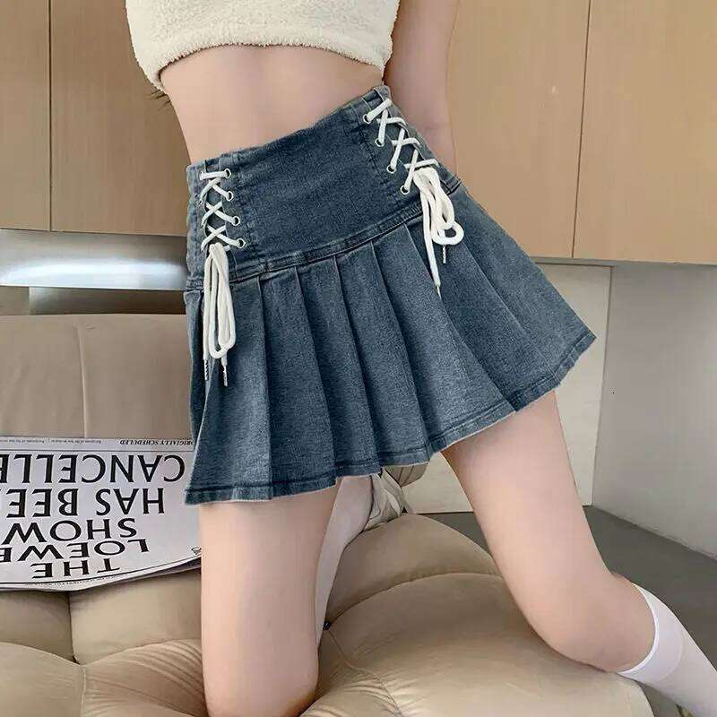 Denim Pleated Skirts Women Cute Lace-up Chic Girlish Summer Mini Skirt Korean Style Fashion Sexy High Waist Streetwear College XJ260309
