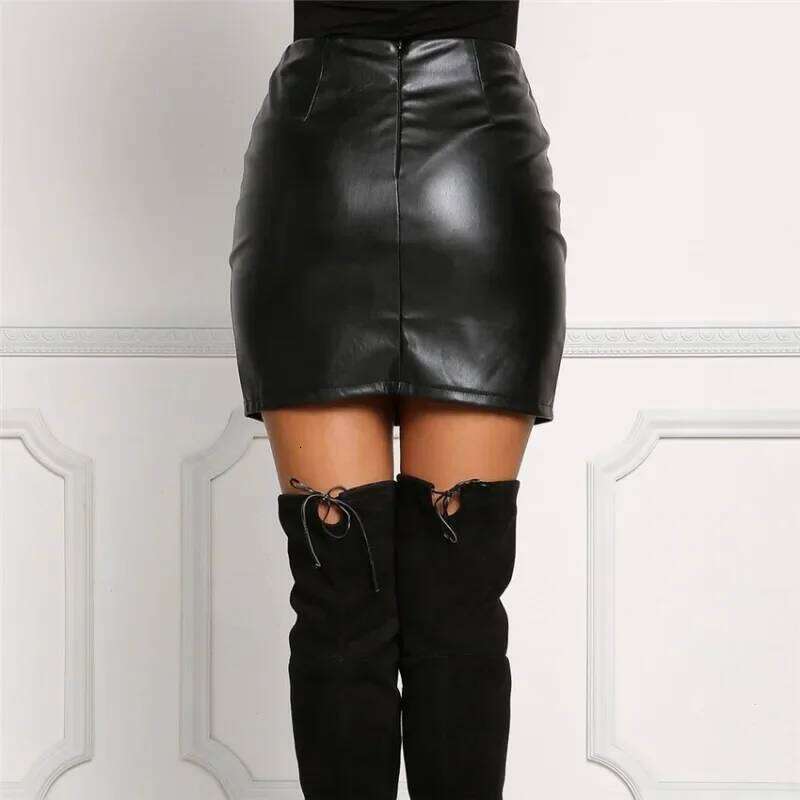 Sexy Girls Above Knee Black PU Leather Mini Skirts Spring Women High Waist Bodycon Front Split Elegant Short Skirt XJ260309