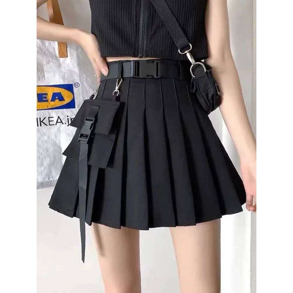 Zoki Harajuku Belt Pleated Cargo Women Gothic High Waist Pocket Mini Skirts Fashion Summer Lady A Line Black Skirt XJ260309