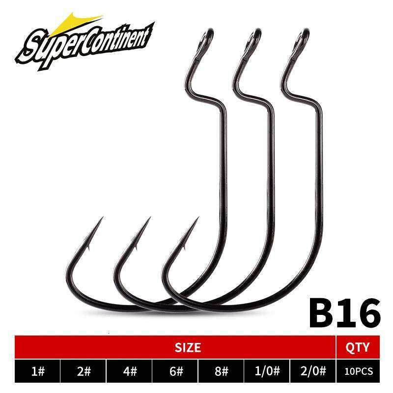 SUPERCONTINET 10pcs/lot Fishing Soft Worm High Carbon Steel Wide Super Lock Fishhooks Lure Softjerk Hooks S260305