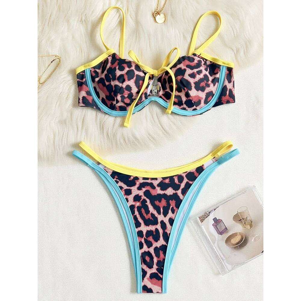 Leopard Splicing Knotted Underwired Women Swimwear Female Swimsuit Two-pieces Bikini Set Push Up Bathing Suit Swim Lady XJ260206