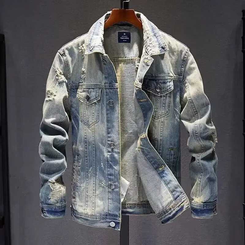 Retro Korean MenS Denim Jacket Retro Blue Slim Fit Jacket Youth Casual Fashion Lapel Ripped Denim Jacket M260309