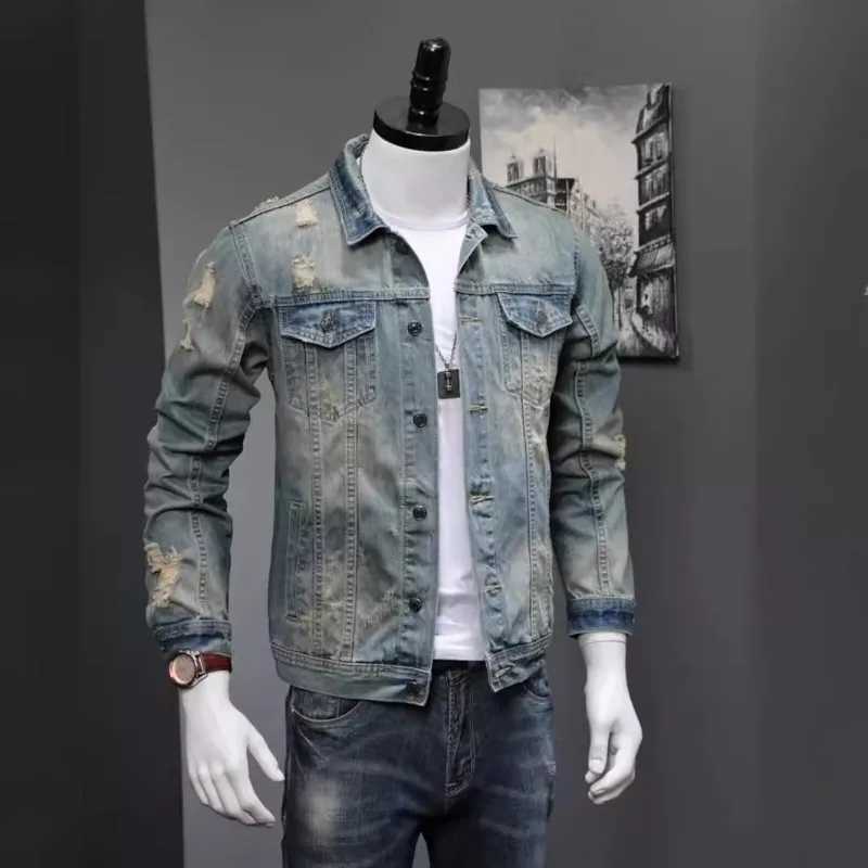 Men Denim Jackets New Youthful and Handsome Top Fashionable Loose Casual Jacket Lapels Pockets Spliced Designs Break Hole Coats M260309