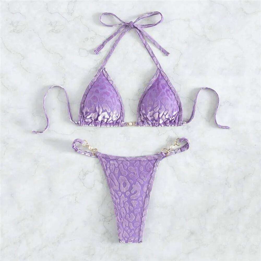 Purple Velvet Leopard Swimsuit Sexy String Halter Triangle Sets De Mujer Micro Thong Swimwear Women Bikinis Bathing Suit XJ260206
