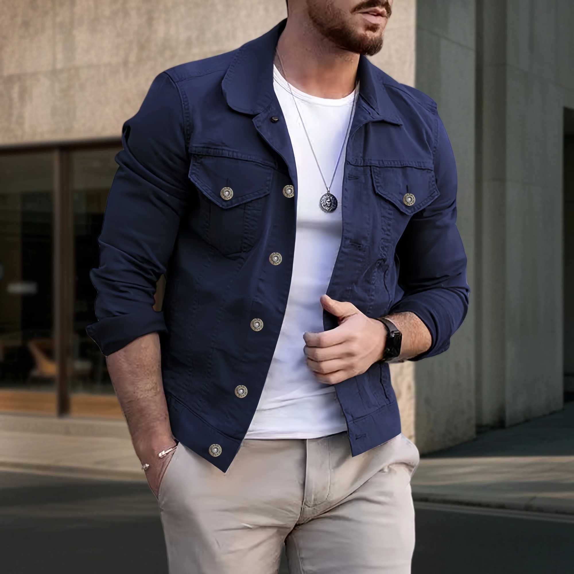2025 New Mens Casual Denim Jacket Fashion Streetwear Solid Turn down Collar Spring Autumn Jean Outwear Male Daily Coat M260309