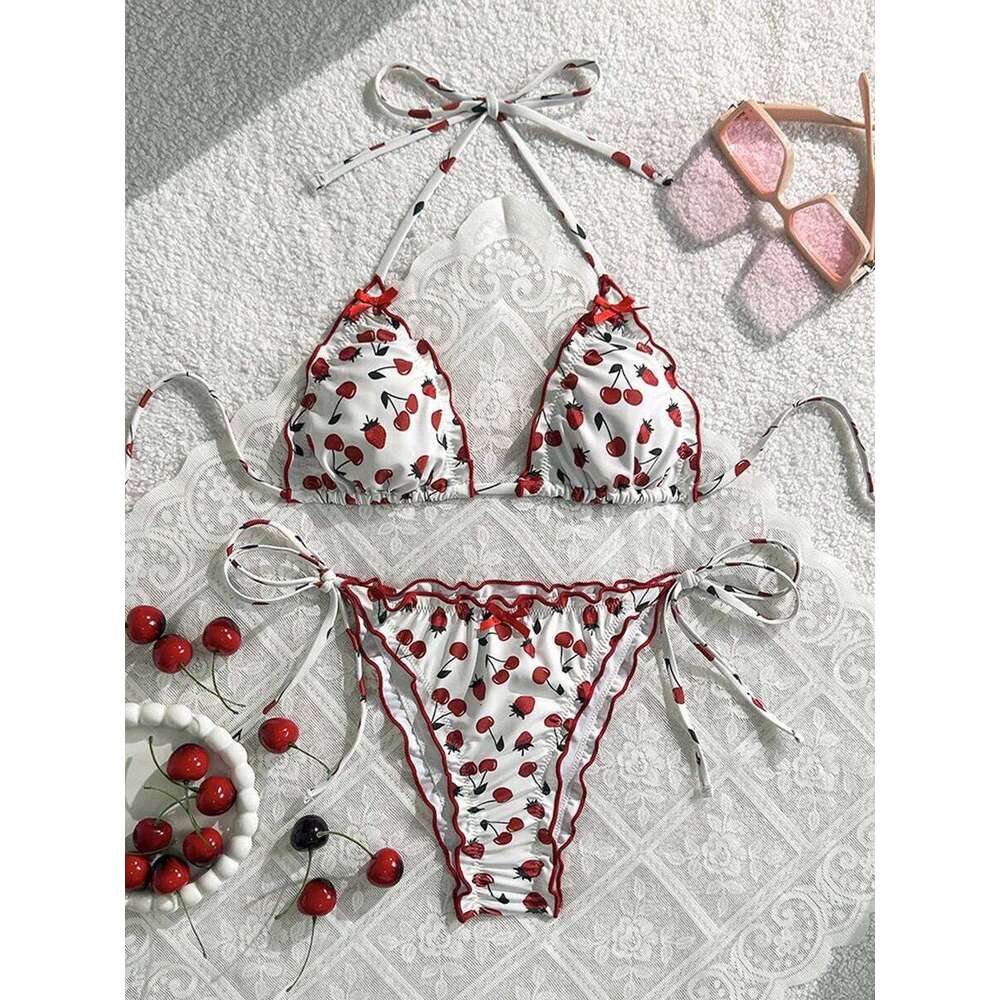 Cherry Print Halter Ruffled Frill Women Swimwear Female Swimsuit Two-pieces Bikini Set Bather Bathing Suit Swim Beachwear XJ260206