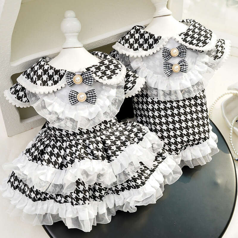 Famous brand Elegant Style Houndstooth Leashable Golden Retriever Dress Teddy Cat Pet Supplies Dog Clothes Apparel pupakaIK