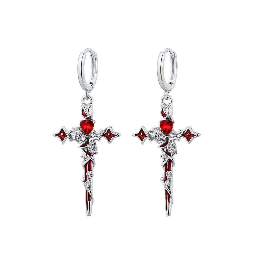 Womens Jewelry Earrings stud black and white cross red heart gem pendant earrings gothic punk style personality unique earrings suitable for dating pa - view 4
