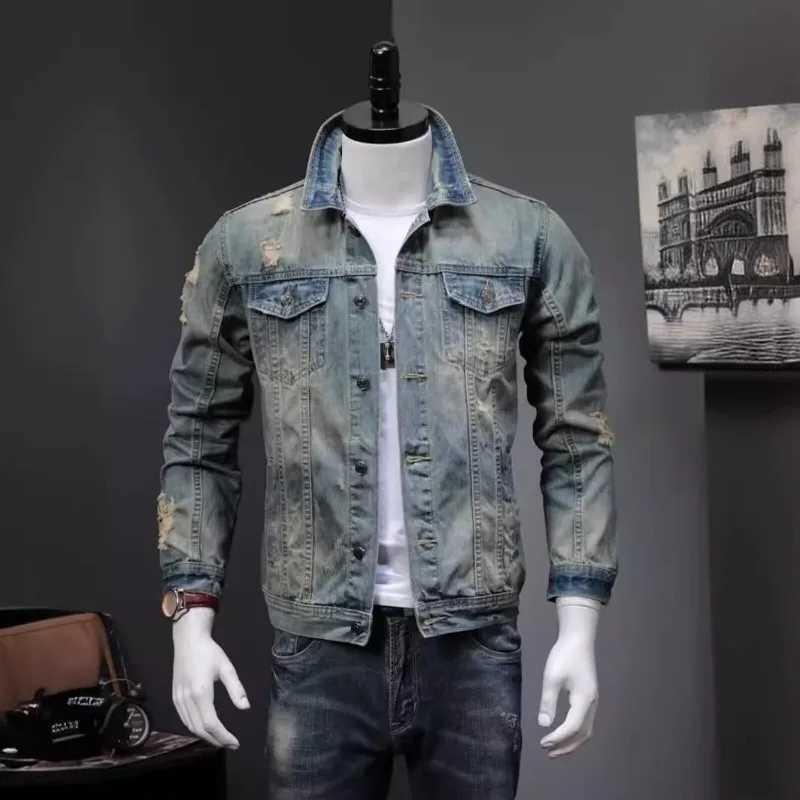 Men Denim Jackets New Youthful and Handsome Top Fashionable Loose Casual Jacket Lapels Pockets Spliced Designs Break Hole Coats M260309