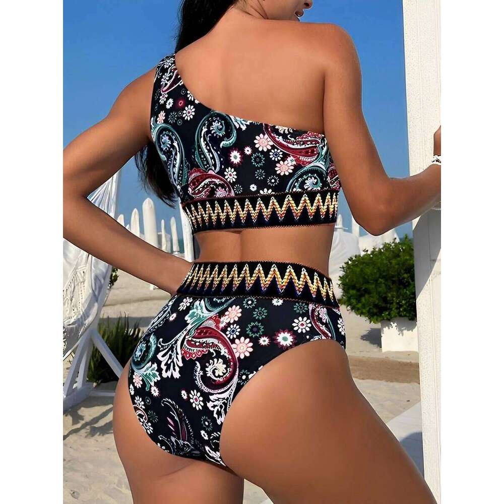2025 Paisley Print Chevron Tape One Shoulder Swimsuit Women Bikini Swimwear Female Bathers Bathing Swimming Swim Suit Beachwear XJ260206