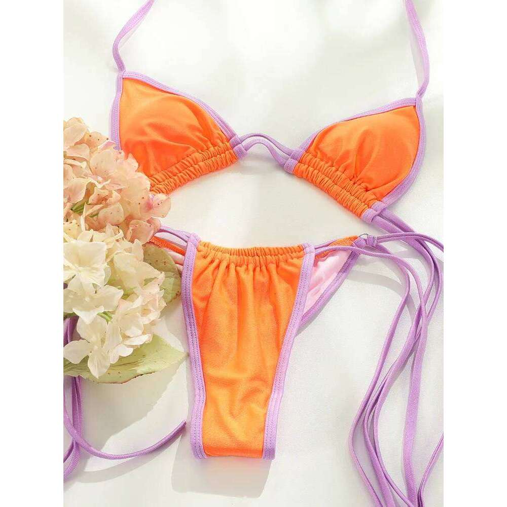 Triangle Bikinis Thong Swimwear for Women Sexy Swimsuit Bordered Bandage Beachwear Bathing Suit Solid Micro Bikini Female XJ260206