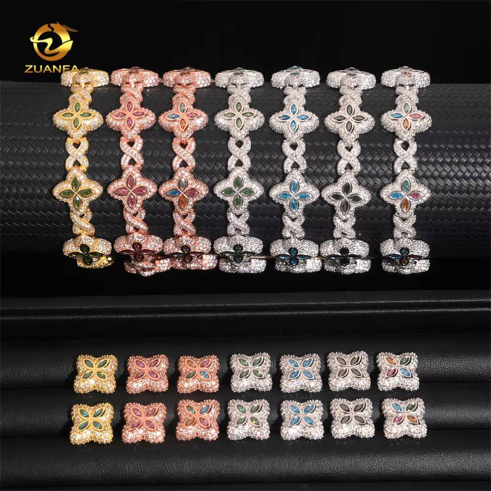 Hot Sale 15mm Color 925 Silver Moissanite Diamond Hip Hop Jewelry Iced Out Moissanite Cuban Link Bracelet Earring Set