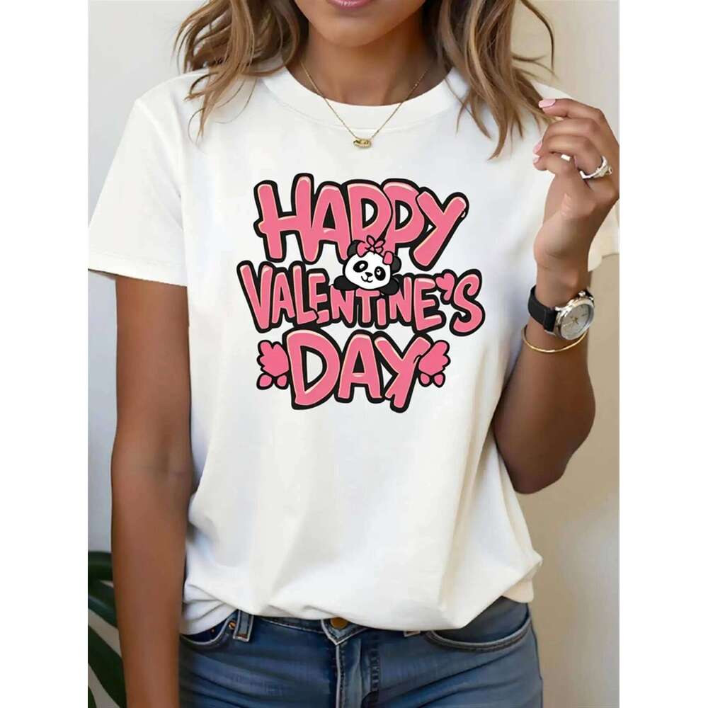 Happy Valentine's Day Letter Print Women's Short Sleeve T-shirt Crew Neck Casual Daily Top For Summer & Spring XJ260306