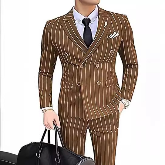 mens slim-fit pinstripe suit 2-piece double-breasted suit suitable for weddings and business