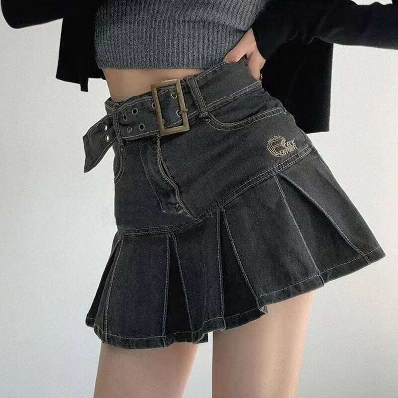 Embroider denim women's clothing spring and summer retro pleated empire look slimmer mini skirt XJ260309