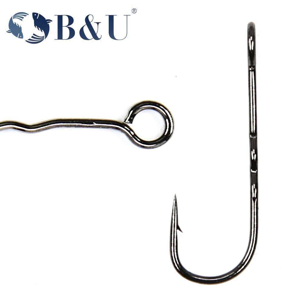 B&U 10PCS Micro Jig Joint Big Eyes Single Barb Fishing hook big ring Carbon Steel tackle Worm Hooks S260305