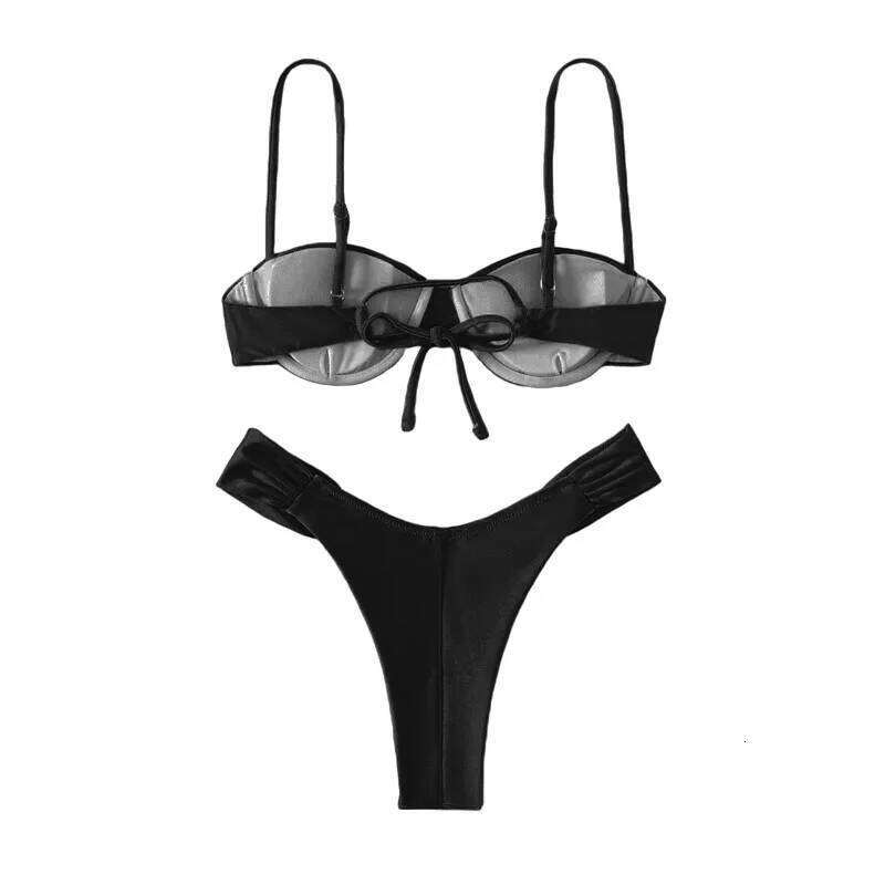 Padded Set Solid Color Pleated Sleeveless Bra+ Shorts Briefs Bikini For Women XJ260206