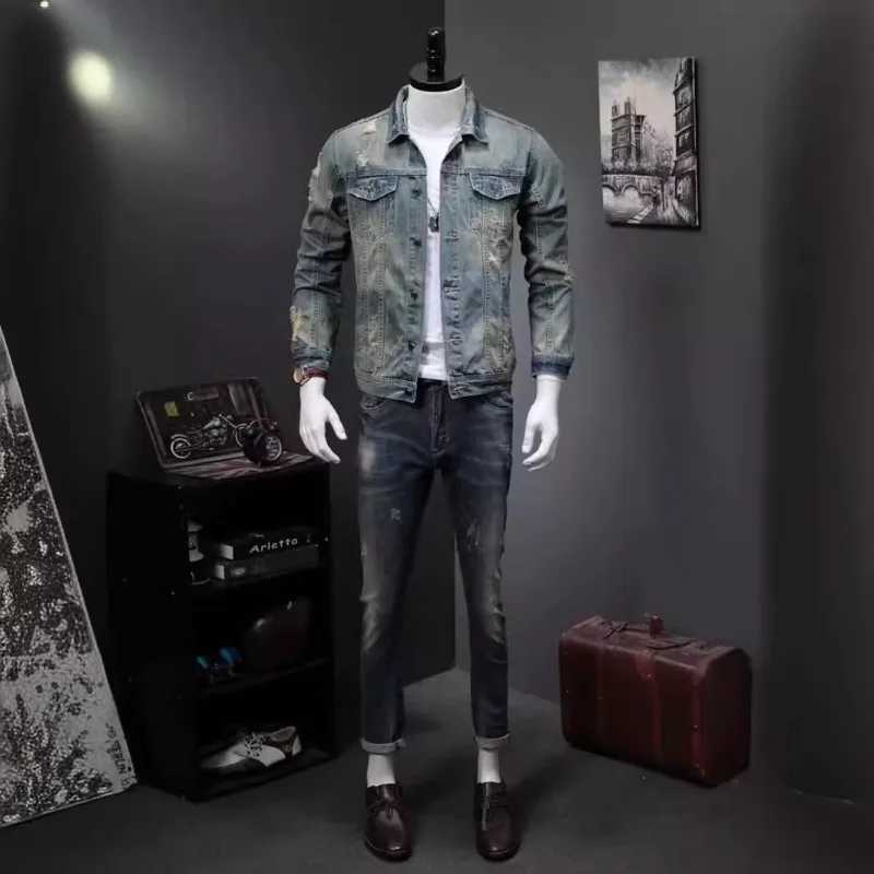 Men Denim Jackets New Youthful and Handsome Top Fashionable Loose Casual Jacket Lapels Pockets Spliced Designs Break Hole Coats M260309