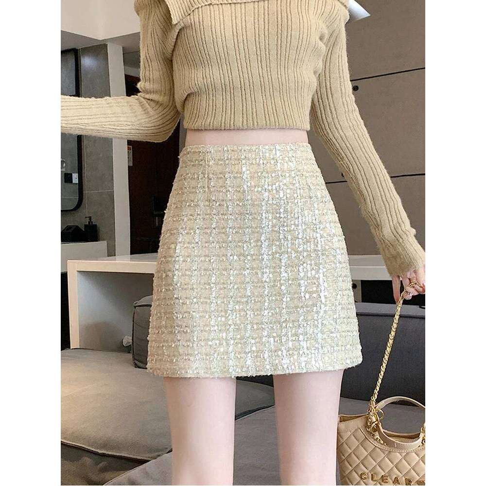 Fashion Streetwear Mini Women's Skirts Y2K Autumn Winter A-Line Glitter Sequins Tweed Skirt Bodycon Wrap Black Pink Jupe Femme XJ260309
