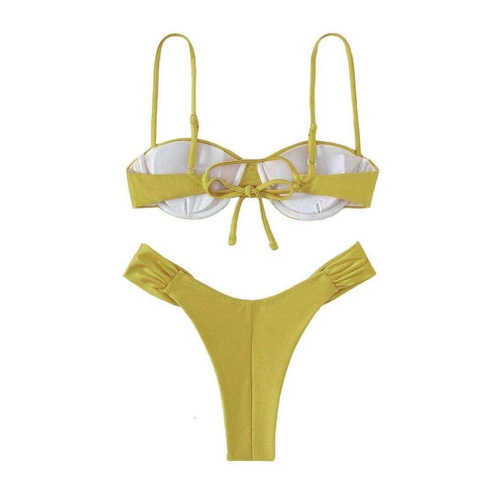 Padded Set Solid Color Pleated Sleeveless Bra+ Shorts Briefs Bikini For Women XJ260206