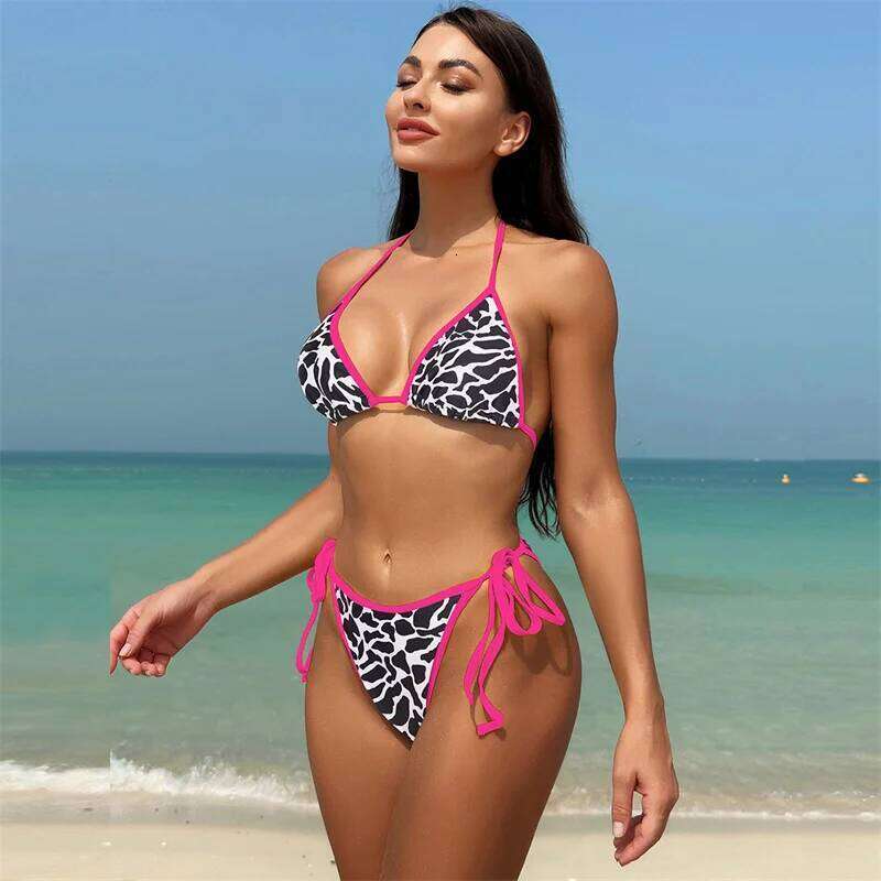 Sexy Thong Mini Bikinis Set Halter Swimwear Women Triangle Swimming Costume Padded String Ladies Low Waist Top and Tie Side XJ260206