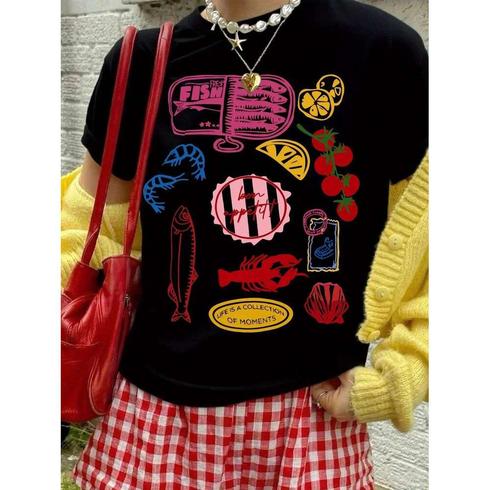 Women Seafood Fruit Pattern Print Casual Short Sleeved Tshirt Vintage Female Clothing Graphic Tshirts Y2K Top XJ260306
