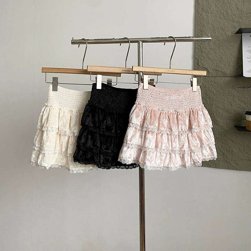 Splicing Lace Velvet Tiered Autumn Winter New Korean Style Sweet High End Slim-looking Skirts Fashion Elastic Waist Skirt XJ260309