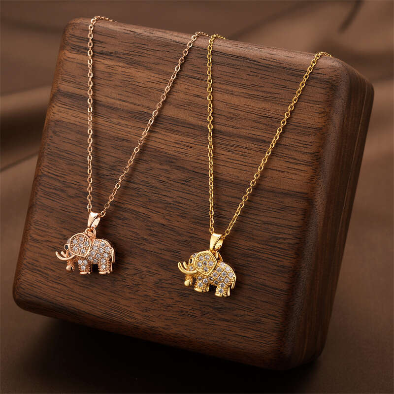 Micro-inlaid zircon elephant pendant titanium steel necklace for women, high-end versatile choker, light luxury niche fashion women's collarbone 