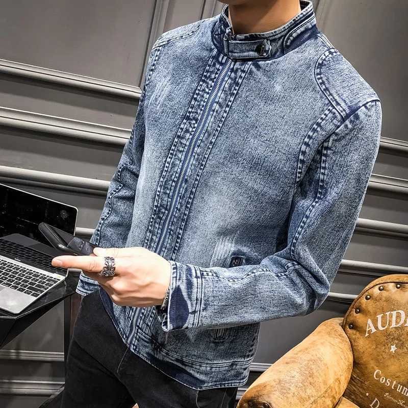 Vintage New Fashion American Mens Stand Collar Long Sleeve Zipper Casual Trendy Loose Simple Basic Denim Jackets Male Coats M260309