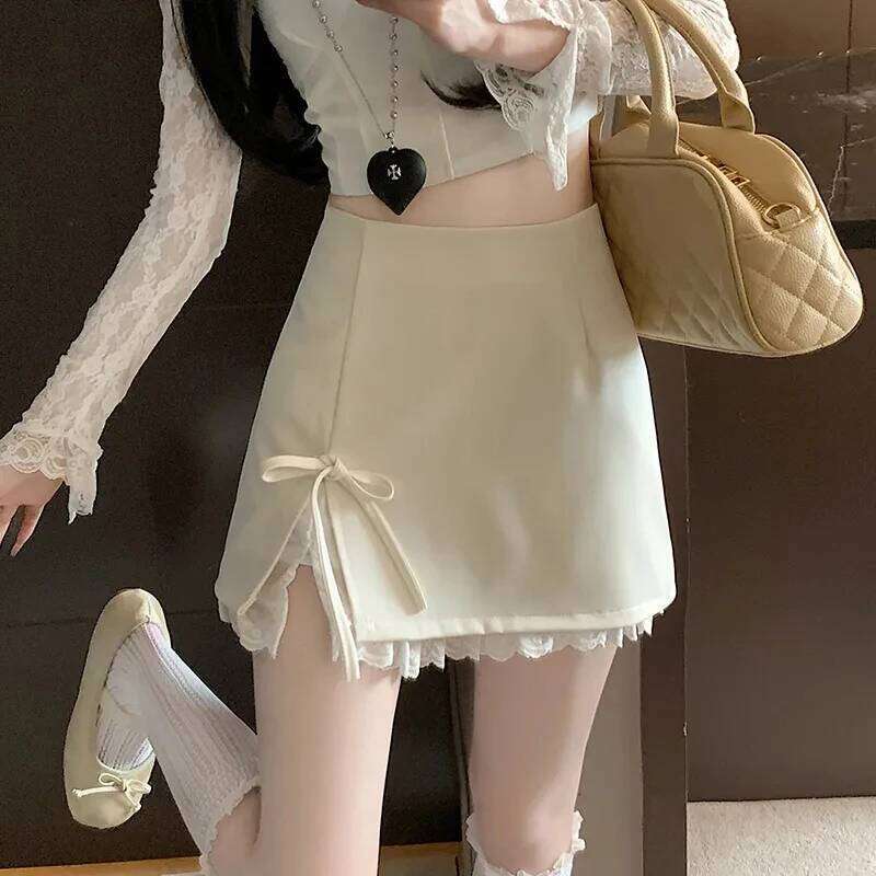 Sweet Bow Up Women Mini Korean Elegant Spliced Lace Design A-line Stylish High Waist Slimming Female Slit Skirt XJ260309