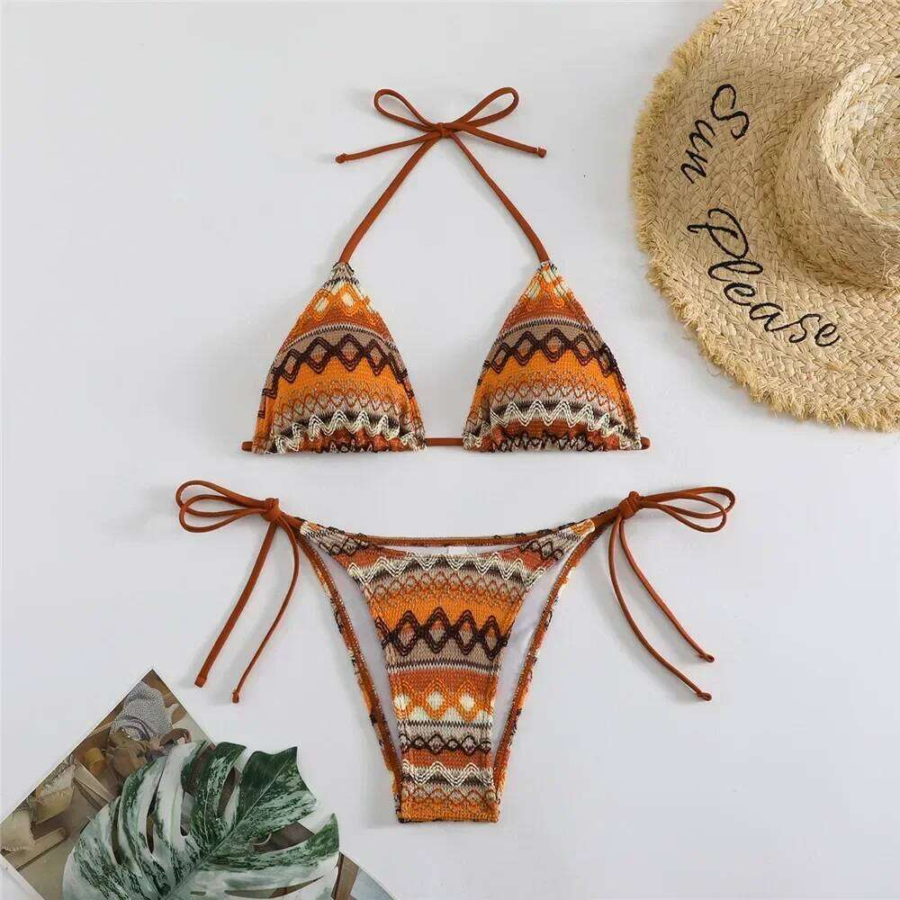 Geometry Knitted Triangle Micro Bikini Thong Mujer String Halter Swimwear Mini Sexy Swimsuit Bathing Suit for Women Bikinis Sets XJ260206