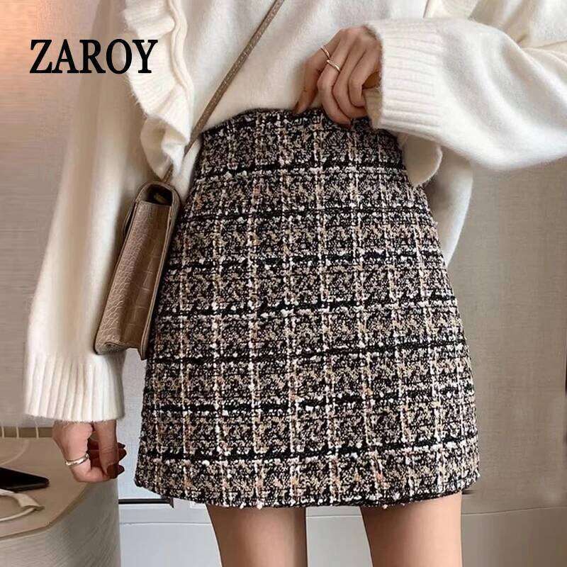ZAROY 2025 Autumn Winter Tweed Pencil Mini Skirt Women Vintage Plaid Elegant High Waist Slim Short Skirts Office Ladies XJ260309