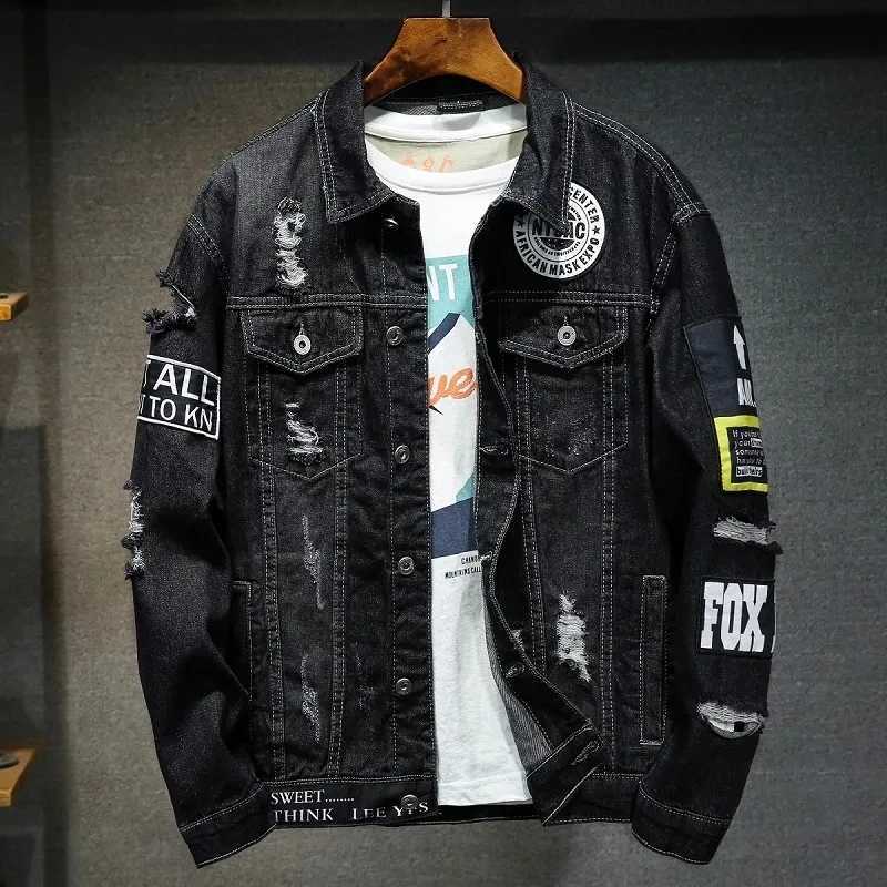 Men Brand Denim Jacket Streetwear Punk Motorcycle Ripped Print Cowboy Coats Casual Hole Loose Male Jeans Outwear M260309