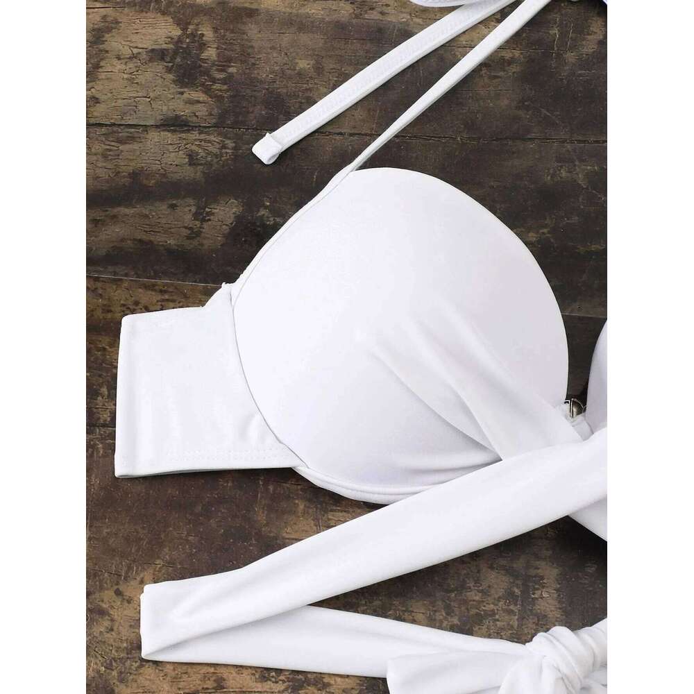 Women solid tie bow push up bikini sets three pieces with wrinkled ruffles mini skirt swimsuit bathing suit beach outfits XJ260206